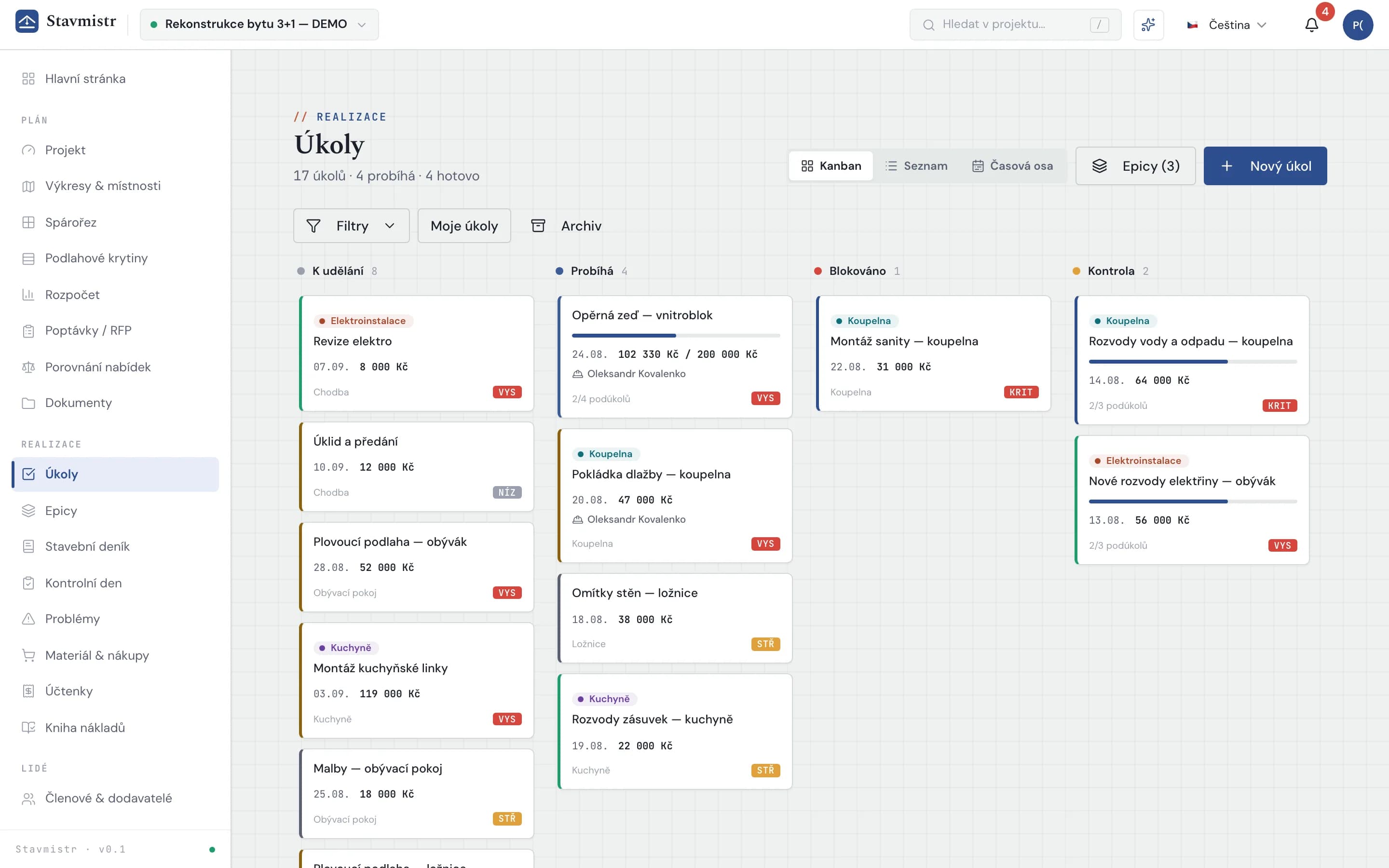 Stavmistr — kanban úkolů s průběžnými cenami proti odhadům