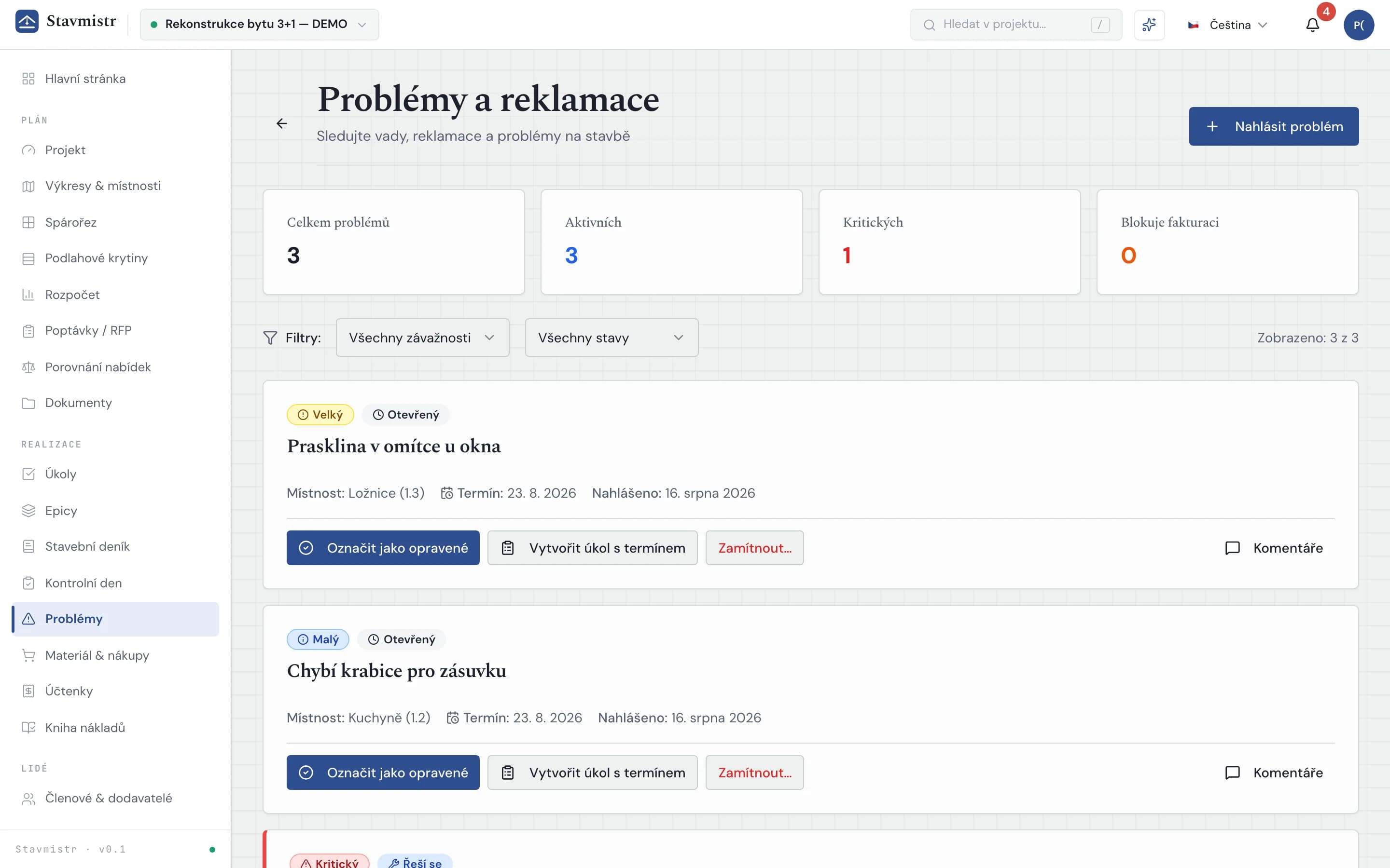 Stavmistr — přehled problémů a reklamací se stavy, termíny a vyjádřeními firem